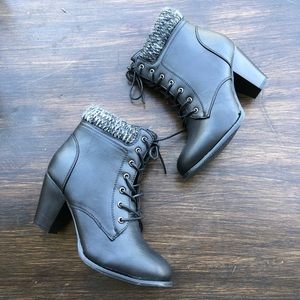 Black Lace Up Combat Bootie Chunky Heel Knit Ankle